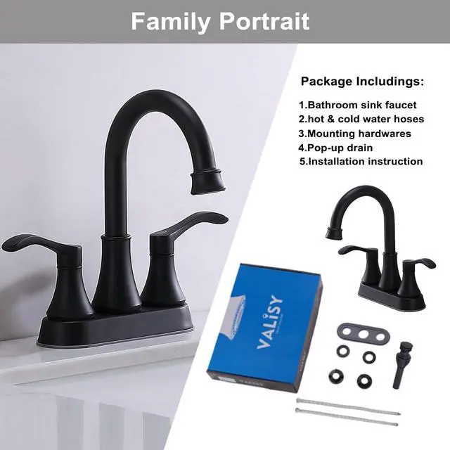 Alt view image 6 of 7 - Lead-Free Antique 2 Handle Bathroom Sink Faucet, 360° Swivel High-Arc Spout 4-Inch Centerset Lavatory Vanity Faucets Set with Drain & Water Hoses, Matte Black