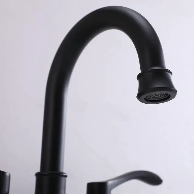 Alt view image 7 of 7 - Lead-Free Antique 2 Handle Bathroom Sink Faucet, 360° Swivel High-Arc Spout 4-Inch Centerset Lavatory Vanity Faucets Set with Drain & Water Hoses, Matte Black
