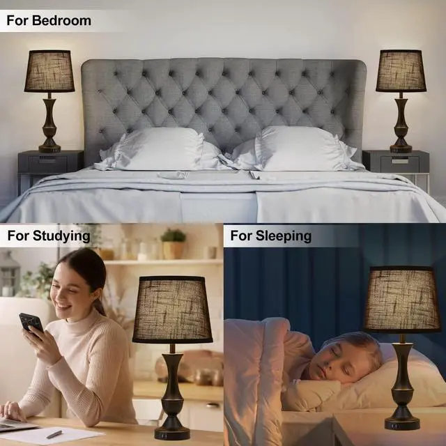 Alt view image 7 of 7 - Black Touch Table Lamps Set of 2, 22" Tall Bedside Lamps with USB C+A Charging Ports, Nightstand Lamps for for Bedroom, Living Room, Office, with Black Lampshade, LED Bulb Included