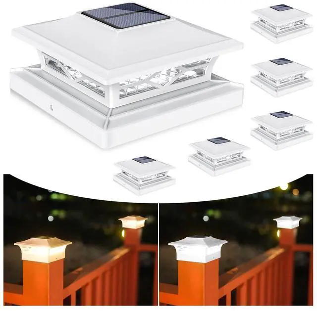 Main image of 6Pack Solar Post Cap Lights, 2 Color Modes Deck Lights, White | Waterproof solar lights fit 4x4/6x6 wooden & 4x4/5x5 vinyl posts, suitable for dock, fence, patio outdoor decorative lighting
