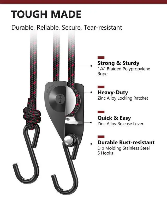 Alt view image 4 of 7 - Ratchet Tie Down Straps, 1/4" Adjustable Rope Hangers 4 Pack, 12FT Tie-Down | Hanger Pulley System for Grow Lamp Heavy Duty Grow Light Rope Hanger for Kayak, Grow Light Fixtures Gardening