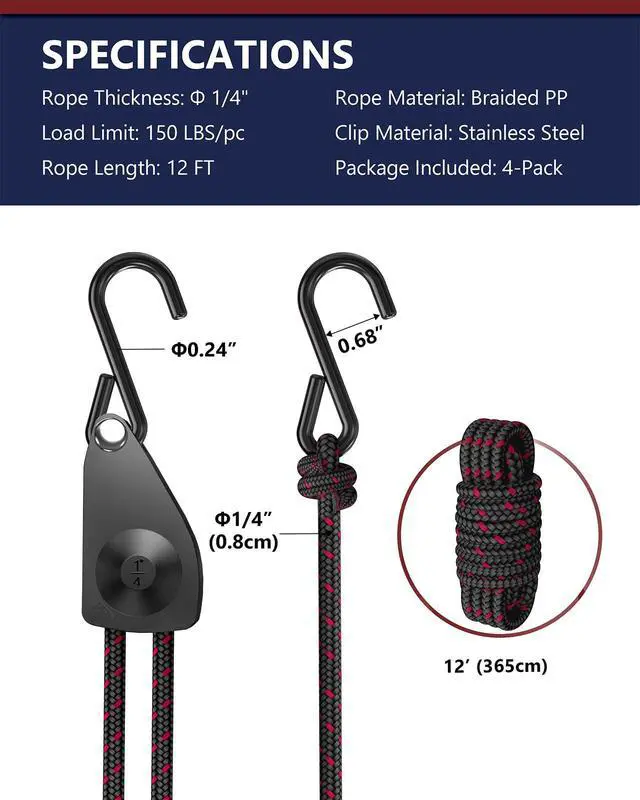 Alt view image 7 of 7 - Ratchet Tie Down Straps, 1/4" Adjustable Rope Hangers 4 Pack, 12FT Tie-Down | Hanger Pulley System for Grow Lamp Heavy Duty Grow Light Rope Hanger for Kayak, Grow Light Fixtures Gardening