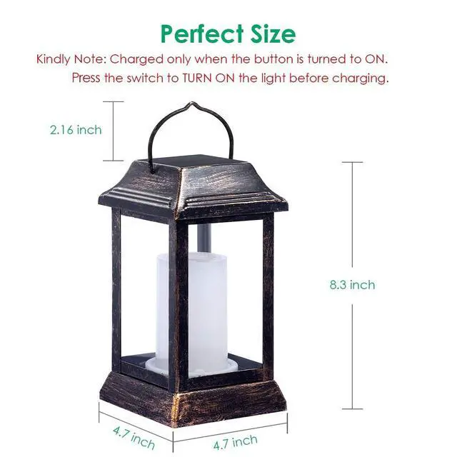 Alt view image 3 of 7 - Flickering Flame Solar Lights Outdoor Metal Hanging Lantern, 2 Pack | Realistic Flame Effect, Charges in 6-8 Hours, 10-12-Hour Runtime, IP65 Waterproof, Auto On/Off for Patio, Garden and Porch
