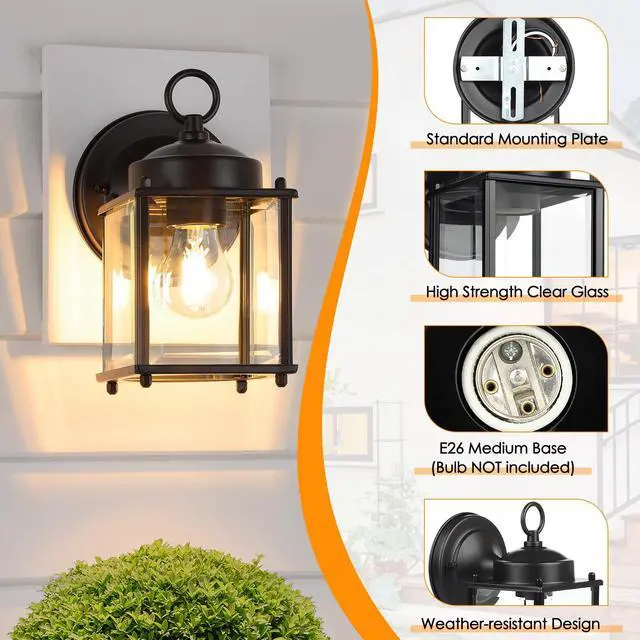 Alt view image 7 of 7 - Outdoor Wall Lantern, Exterior Waterproof Wall Sconce Light Fixtures, Black Front Door Wall Lighting with Clear Beveled Glass Shade, 2 Pack