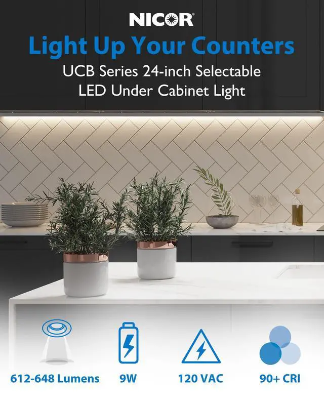 Alt view image 2 of 7 - 24 LED Direct Wire Under Cabinet Light - Dimmable Undercounter LED Lights for Kitchen - Selectable CCT 2700K-5000K, 612-648 Lumens, 9W - UCB Series Hardwired Under Cabinet Lighting by Lighting