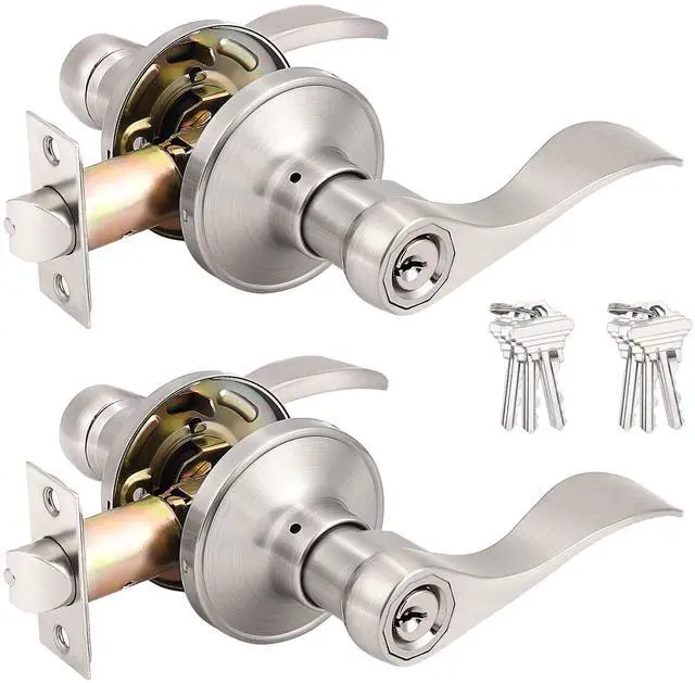 Main image of (2 Pack Wave Style Keyed Alike Entry Levers, Exterior Interior Satin Nickel Keyed Door Handles with Lock and Same Keys, Reversible for Right Left Handed Doors