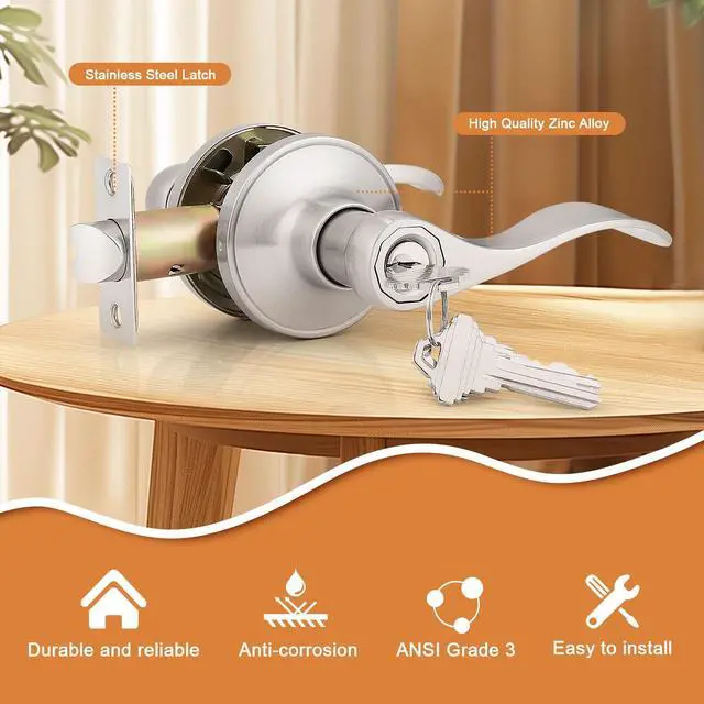 Alt view image 2 of 7 - (2 Pack Wave Style Keyed Alike Entry Levers, Exterior Interior Satin Nickel Keyed Door Handles with Lock and Same Keys, Reversible for Right Left Handed Doors