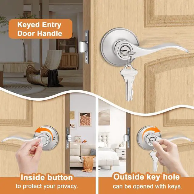 Alt view image 3 of 7 - (2 Pack Wave Style Keyed Alike Entry Levers, Exterior Interior Satin Nickel Keyed Door Handles with Lock and Same Keys, Reversible for Right Left Handed Doors