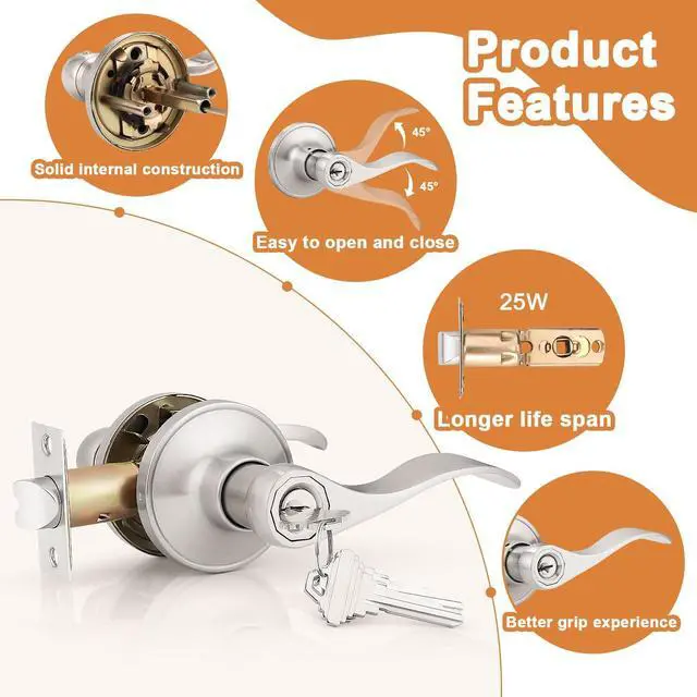 Alt view image 4 of 7 - (2 Pack Wave Style Keyed Alike Entry Levers, Exterior Interior Satin Nickel Keyed Door Handles with Lock and Same Keys, Reversible for Right Left Handed Doors