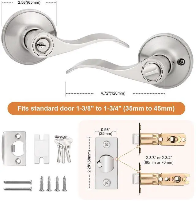 Alt view image 7 of 7 - (2 Pack Wave Style Keyed Alike Entry Levers, Exterior Interior Satin Nickel Keyed Door Handles with Lock and Same Keys, Reversible for Right Left Handed Doors
