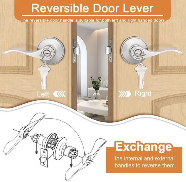 Alt view image 5 of 7 - (2 Pack Wave Style Keyed Alike Entry Levers, Exterior Interior Satin Nickel Keyed Door Handles with Lock and Same Keys, Reversible for Right Left Handed Doors