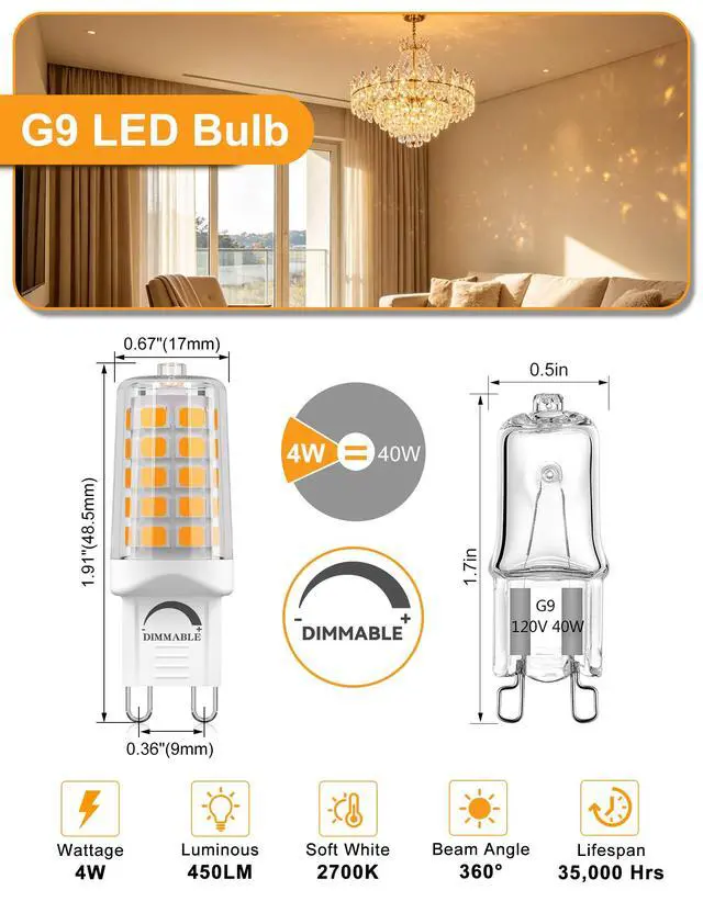 Alt view image 2 of 7 - G9 LED Bulb 4W T4 2700K Soft Warm White 5Pack 120V Dimmable | 40 Watt G9 Halogen Equivalent 450LM No-Flicker 360°Beam Angle for Crystal Chandelier Wall Sconce Home Light