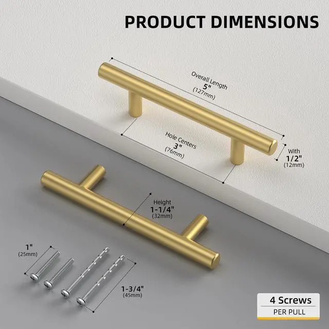 Alt view image 3 of 7 - 10 Pack 3 inch Gold Cabinet Handles Brushed Gold Cabinet Pulls | Gold Dresser Drawer Handles Stainless Steel Drawer Pulls for Kitchen Bathroom Bedroom, Easy to Install