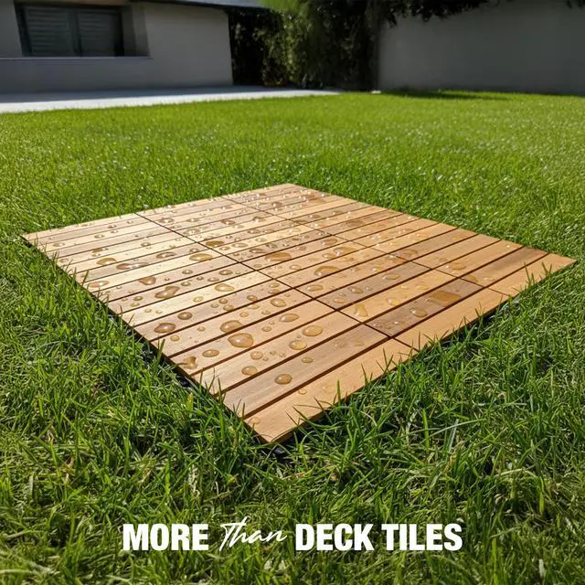 Alt view image 2 of 7 - Acacia Wood Interlocking Deck Tiles, Patio & Backyard Tile, 12 in, 9 PCS | Patio decor, balcony decor, waterproof, snap-together, no tools, covers 9 sq ft, trimmable, 466 lb, entryway, pathway