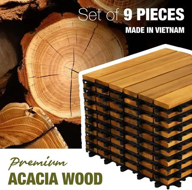 Alt view image 6 of 7 - Acacia Wood Interlocking Deck Tiles, Patio & Backyard Tile, 12 in, 9 PCS | Patio decor, balcony decor, waterproof, snap-together, no tools, covers 9 sq ft, trimmable, 466 lb, entryway, pathway