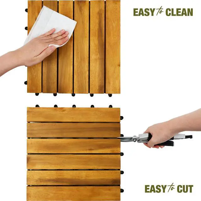 Alt view image 7 of 7 - Acacia Wood Interlocking Deck Tiles, Patio & Backyard Tile, 12 in, 9 PCS | Patio decor, balcony decor, waterproof, snap-together, no tools, covers 9 sq ft, trimmable, 466 lb, entryway, pathway