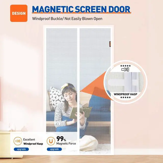 Alt view image 4 of 6 - Magnetic Screen Door Fits Door Size 32"x 80", Hands-Free Mesh White | 34" x 81" Heavy Duty Door Screen Magnetic Closure & Windproof Fastener, Pet Friendly Interior Screen Door Mesh