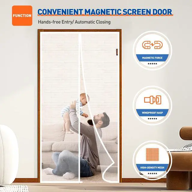 Alt view image 6 of 6 - Magnetic Screen Door Fits Door Size 32"x 80", Hands-Free Mesh White | 34" x 81" Heavy Duty Door Screen Magnetic Closure & Windproof Fastener, Pet Friendly Interior Screen Door Mesh
