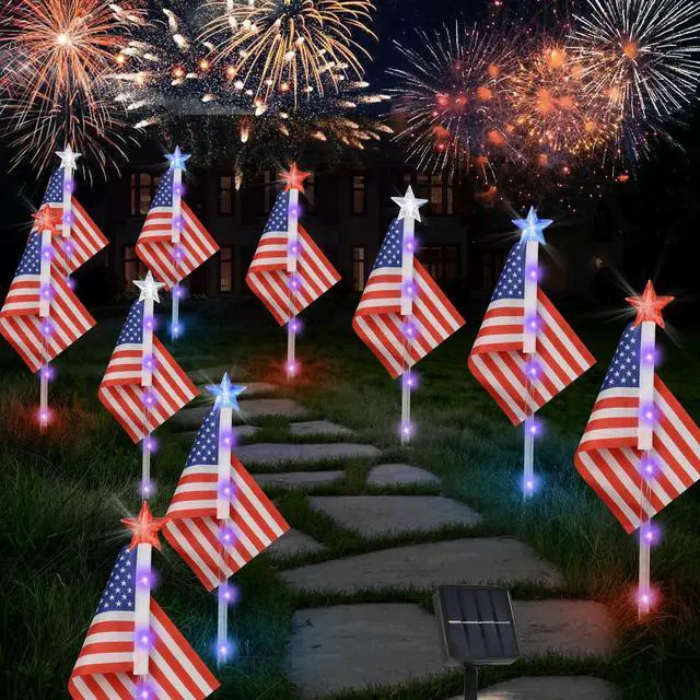 Main image of 4th of July Decorations Outdoor American Flag Lights, 6-Pack Red White and Blue Solar Stars Lights with 6 USA Flags & 30LED,Bright Patriotic Pathway Lights for Memorial Day Yard Lawn Decor