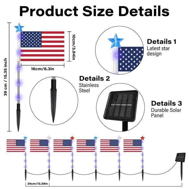Alt view image 2 of 7 - 4th of July Decorations Outdoor American Flag Lights, 6-Pack Red White and Blue Solar Stars Lights with 6 USA Flags & 30LED,Bright Patriotic Pathway Lights for Memorial Day Yard Lawn Decor