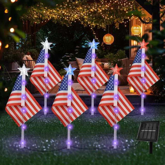 Alt view image 3 of 7 - 4th of July Decorations Outdoor American Flag Lights, 6-Pack Red White and Blue Solar Stars Lights with 6 USA Flags & 30LED,Bright Patriotic Pathway Lights for Memorial Day Yard Lawn Decor