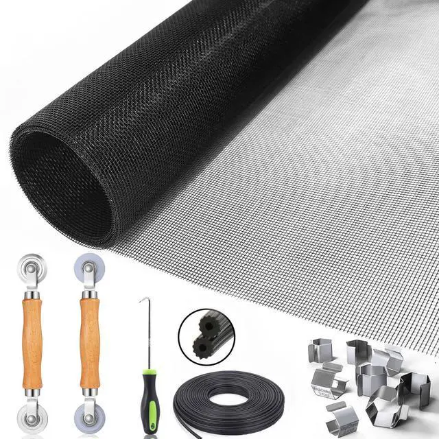 Main image of Window Screen Replacement, 6in1 Window Screen Door Repair Kit | 48"x118" Black Screen Mesh, Steel&Nylon Bearing Roller, 0.14in x 50ft Spline, 8 Clips & Hook for Windows, Doors, Patio & RV