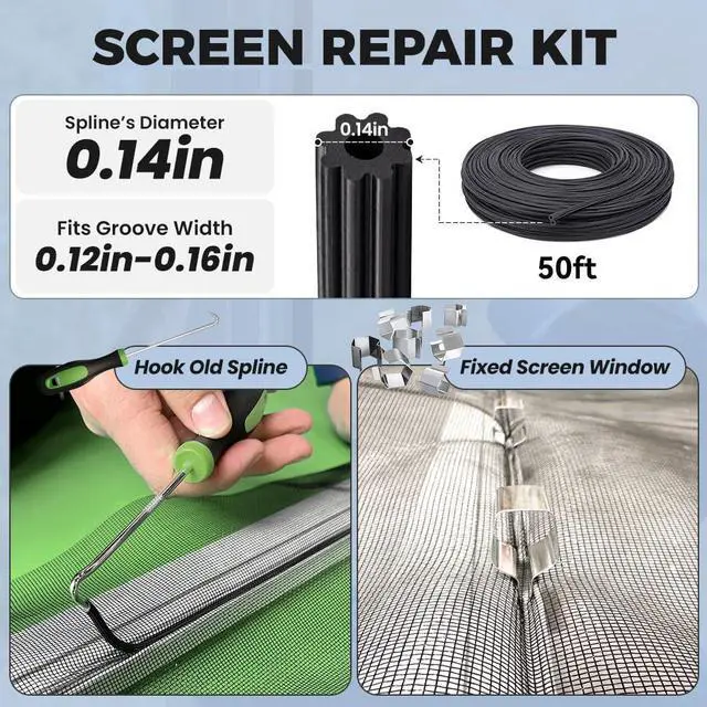 Alt view image 6 of 6 - Window Screen Replacement, 6in1 Window Screen Door Repair Kit | 48"x118" Black Screen Mesh, Steel&Nylon Bearing Roller, 0.14in x 50ft Spline, 8 Clips & Hook for Windows, Doors, Patio & RV