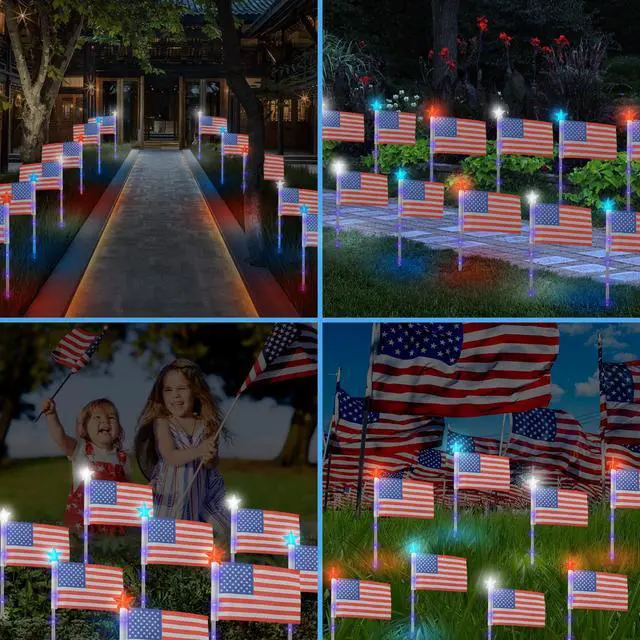 Alt view image 4 of 7 - 4th of July Decorations Outdoor American Flag Lights, 6-Pack Red White and Blue Solar Stars Lights with 6 USA Flags & 30LED,Bright Patriotic Pathway Lights for Memorial Day Yard Lawn Decor