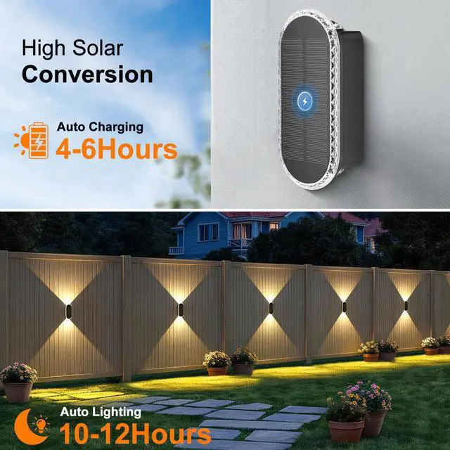 Alt view image 3 of 7 - Solar Fence Lights Outdoor: 6-Pack Solar Powered Wall Lights Up and Down Waterproof IP65-3 Color Brighter LED Focus Lens SolarLights Dusk to Dawn 12h for Patio/Backyard/Porch/Railing