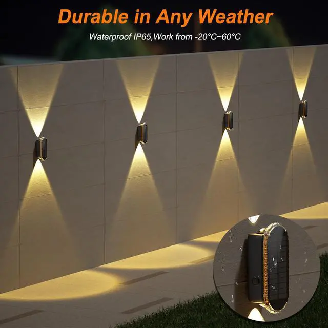 Alt view image 6 of 7 - Solar Fence Lights Outdoor: 6-Pack Solar Powered Wall Lights Up and Down Waterproof IP65-3 Color Brighter LED Focus Lens SolarLights Dusk to Dawn 12h for Patio/Backyard/Porch/Railing