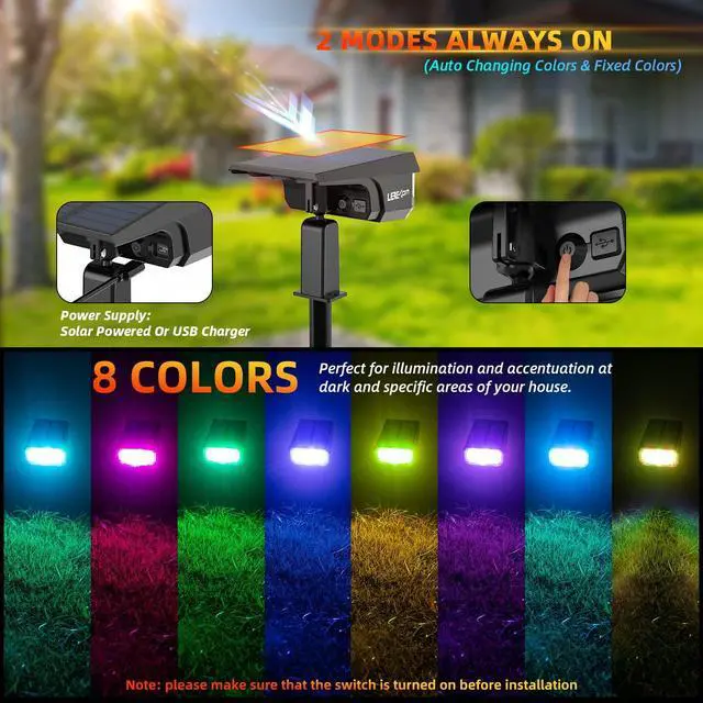 Alt view image 4 of 7 - Solar Outdoor Lights,40 LEDs Color Changing RGB Solar Landscape Path Lights,USB & Solar Powered Multicoloured Spotlights,14 Colors Auto Cycling Spotlights for Yard,Garden,2 Pack