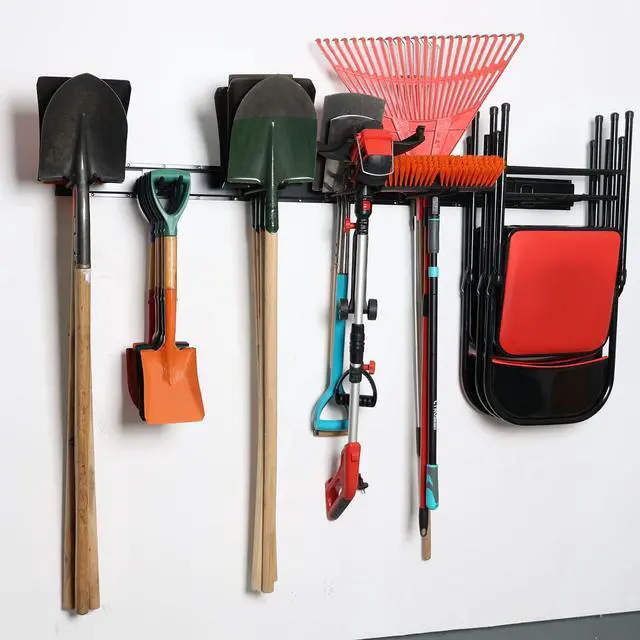 Alt view image 2 of 7 - Garage Storage Organization Wall Mount, Garden Tool Rack Organizer Heavy Duty Folding Chair Hangers with 6 Adjustable Hooks 48inch Tracks Max Load 450lb