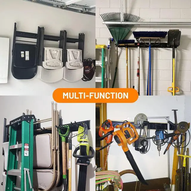 Alt view image 7 of 7 - Garage Storage Organization Wall Mount, Garden Tool Rack Organizer Heavy Duty Folding Chair Hangers with 6 Adjustable Hooks 48inch Tracks Max Load 450lb