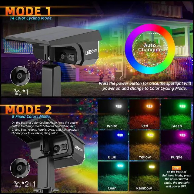 Alt view image 5 of 7 - Solar Outdoor Lights,40 LEDs Color Changing RGB Solar Landscape Path Lights,USB & Solar Powered Multicoloured Spotlights,14 Colors Auto Cycling Spotlights for Yard,Garden,2 Pack