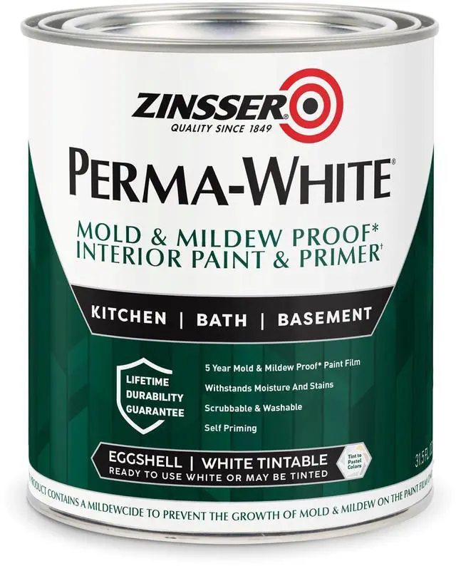 Main image of 02774 PERMA-WHITE Mold & Mildew Proof Interior Paint, Quart, Eggshell White | Eggshell finish. Mold & mildew-proof, moisture-resistant finish for baths, kitchens & basements. Scrubbable & washable