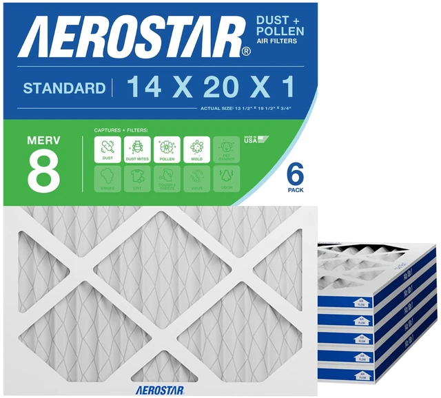 Main image of Air Filter 14x20x1 MERV 8 AC Filter, HVAC, Furnace Filter, 6 Pack ACTUAL SIZE (13.50 x 19.50 x 0.75) AC Filter, HVAC, Furnace Filter Captures Dust, Lint & Pollen MERV 8 (MPR 600 / FPR 5)