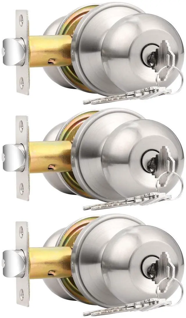 Main image of Brushed Nickel One Keyway Ball Door Knobs Entry Lock with Keys, 3 Pack Keyed Alike Door Locksets, Interior Exterior Keyed Hardware