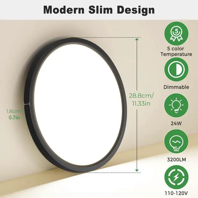 Alt view image 3 of 6 - 4Pack LED Flush Mount Ceiling Light, 12 Inch 24W Dimmable Round Ceiling Fixture, Black Low Profile Hardwired Ceiling Lamp for Bedroom, Kitchen, Hallway & Bathroom