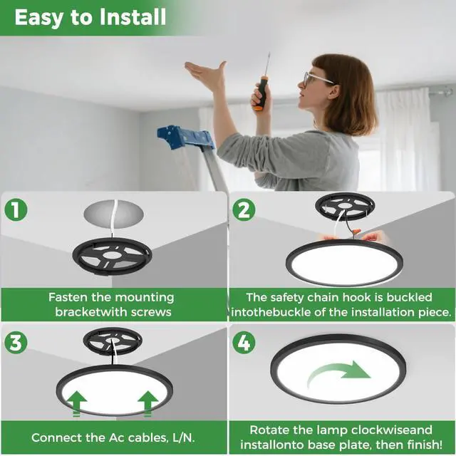 Alt view image 5 of 6 - 4Pack LED Flush Mount Ceiling Light, 12 Inch 24W Dimmable Round Ceiling Fixture, Black Low Profile Hardwired Ceiling Lamp for Bedroom, Kitchen, Hallway & Bathroom