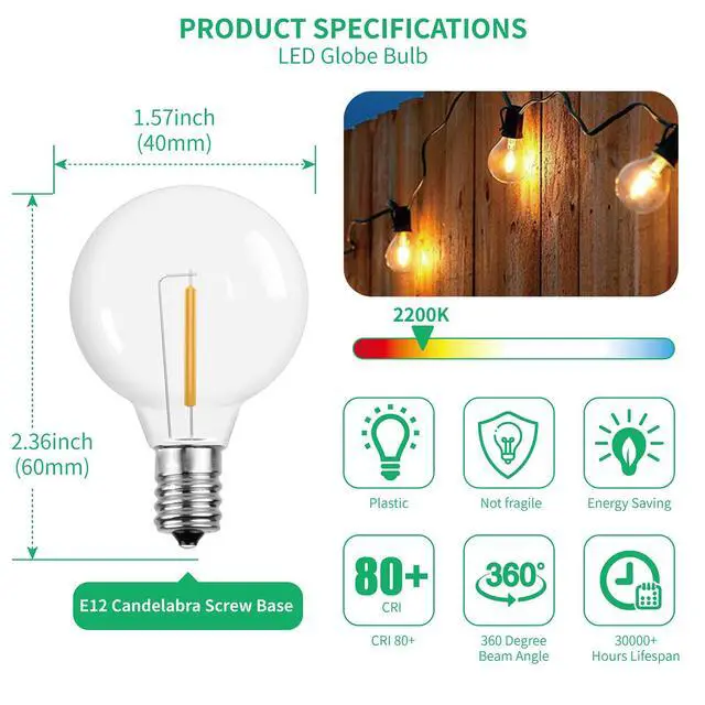 Alt view image 2 of 7 - G40 1.57 Inch Led Replacement Light Bulbs, E12 Screw Base Shatterproof LED Small Globe Light Bulbs for Outdoor String Lights, 1Watt Equvalent to 5 Watt Incandescent Bulbs, Warm White, 25Pack