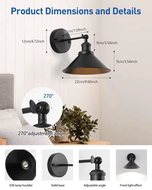 Alt view image 2 of 7 - Black Vintage Wireless Battery Operated Wall Sconces, Industrial Cordless Battery Powered Led Wall Lights Set of 2, Wall Lamp Fixture Indoor with Remote Control for Bedroom Farmhouse Gallery