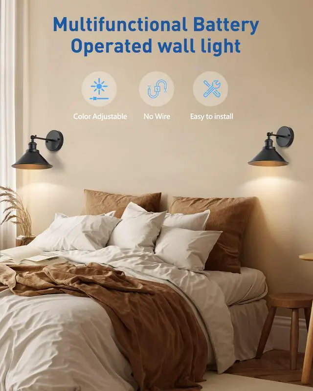 Alt view image 6 of 7 - Black Vintage Wireless Battery Operated Wall Sconces, Industrial Cordless Battery Powered Led Wall Lights Set of 2, Wall Lamp Fixture Indoor with Remote Control for Bedroom Farmhouse Gallery