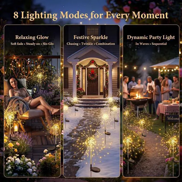 Alt view image 3 of 7 - Solar Firework Lights Outdoor 4 Pack, 120LED Solar Starburst Garden Lights with 8 Modes,Waterproof Decorative Fairy Light for Backyard, Garden, Patio & Lawn Landscape Decor