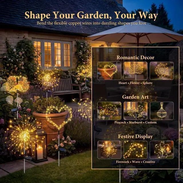 Alt view image 4 of 7 - Solar Firework Lights Outdoor 4 Pack, 120LED Solar Starburst Garden Lights with 8 Modes,Waterproof Decorative Fairy Light for Backyard, Garden, Patio & Lawn Landscape Decor