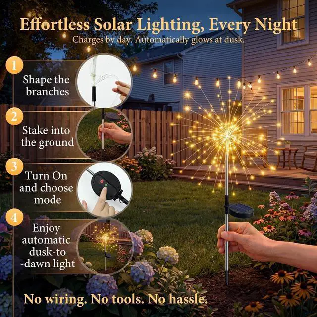 Alt view image 7 of 7 - Solar Firework Lights Outdoor 4 Pack, 120LED Solar Starburst Garden Lights with 8 Modes,Waterproof Decorative Fairy Light for Backyard, Garden, Patio & Lawn Landscape Decor