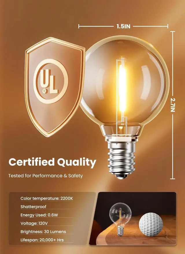 Alt view image 3 of 7 - 25 Pack G40 LED Replacement Bulbs, E12 Base, 2200K, Warm White | Shatterproof Plastic LED Light Bulb, Waterproof, Dimmable, 1.5" Edison Light Bulbs for Indoor Outdoor Patio Backyard Decor