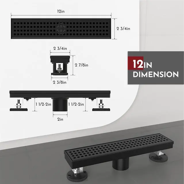 Alt view image 2 of 6 - 12 Inch Linear Shower Drain Rectangular Floor Drain with Accessories Square Hole Pattern Cover Grate Removable SUS304 Stainless Steel CUPC Certified Matte Black