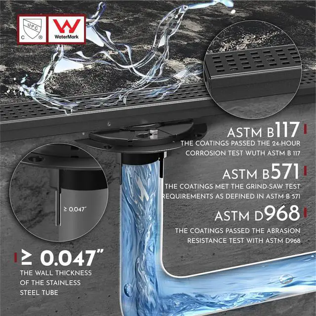 Alt view image 5 of 6 - 12 Inch Linear Shower Drain Rectangular Floor Drain with Accessories Square Hole Pattern Cover Grate Removable SUS304 Stainless Steel CUPC Certified Matte Black