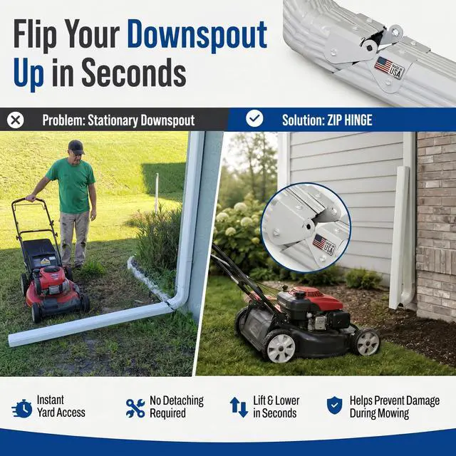 Alt view image 2 of 7 - Downspout Gutter Hinge, Flip-Up Extension Hinge, 3 Pack, White | Fits square & rectangular downspouts Made in USA Easy DIY install Simplifies lawn mowing