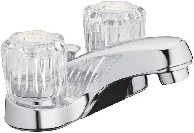 Main image of Two-Handle Bathroom Sink Faucet, Chrome, Acrylic Handles | 1.2 GPM Flow, 3-Hole, Low-Arc Spout, Washerless Cartridge, Brass Shanks, Pop-Up Drain Included, Double Handle Faucet